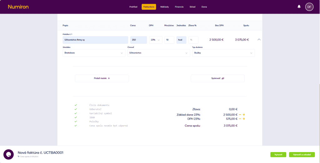 fakturacia cenove ponuky polozky