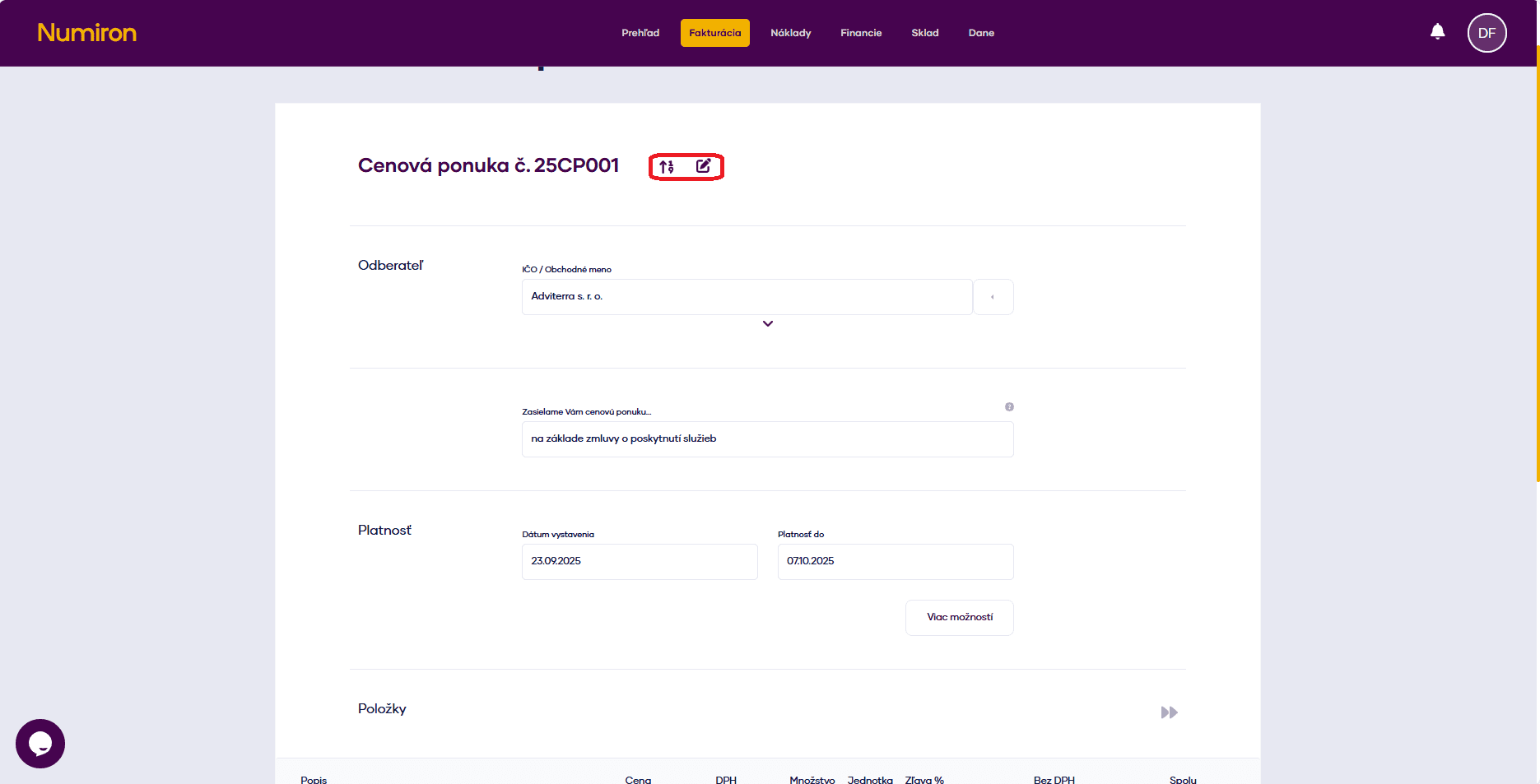 fakturacia cenove ponuky zakladne udaje rad