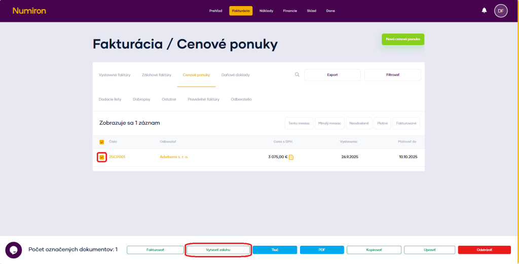 fakturacia cenove ponuky zaloha