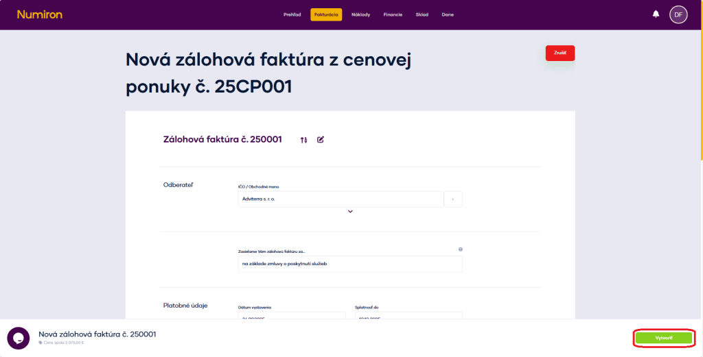 fakturacia cenove ponuky zalohova