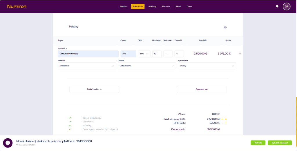fakturacia danove doklady polozky