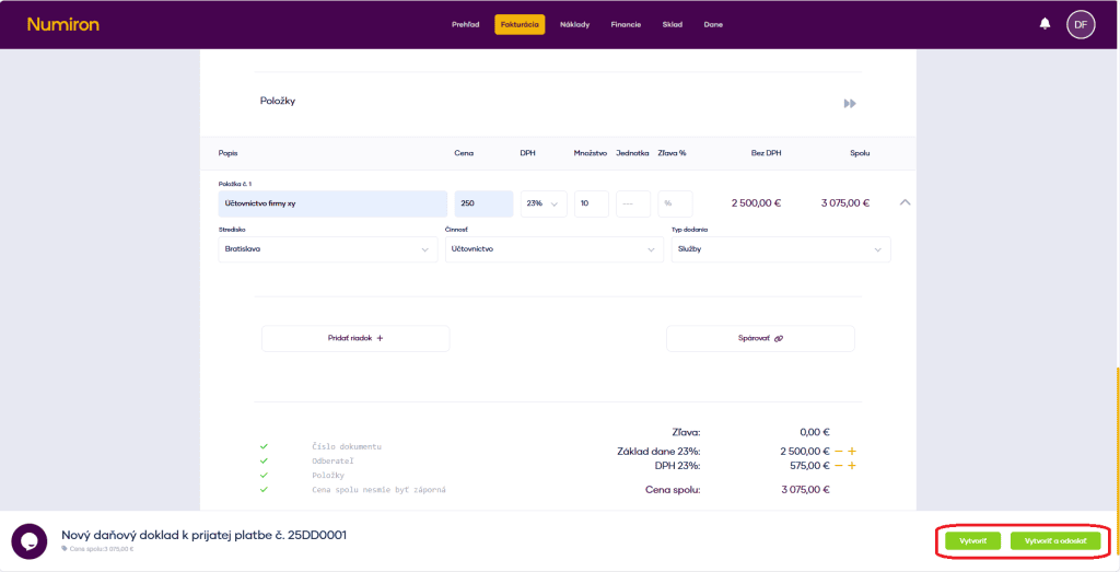 fakturacia danove doklady vytvorit