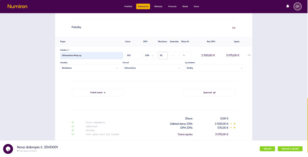 fakturacia dobropisy polozky