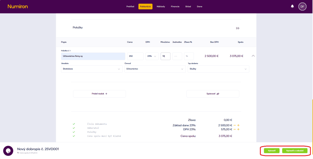 fakturacia dobropisy vytvorit