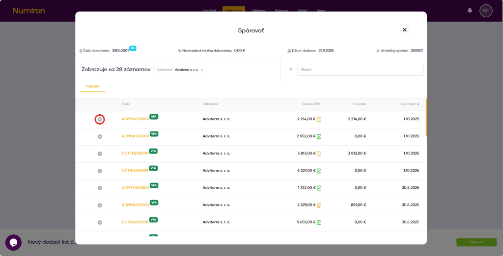 fakturacia dodacie listy parovanie