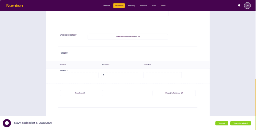 fakturacia dodacie listy polozky
