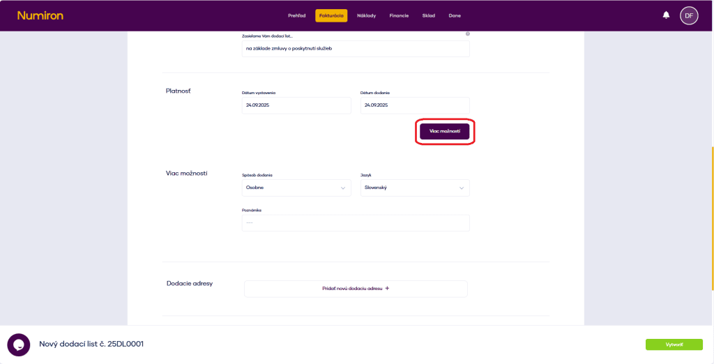 fakturacia dodacie listy viac moznosti