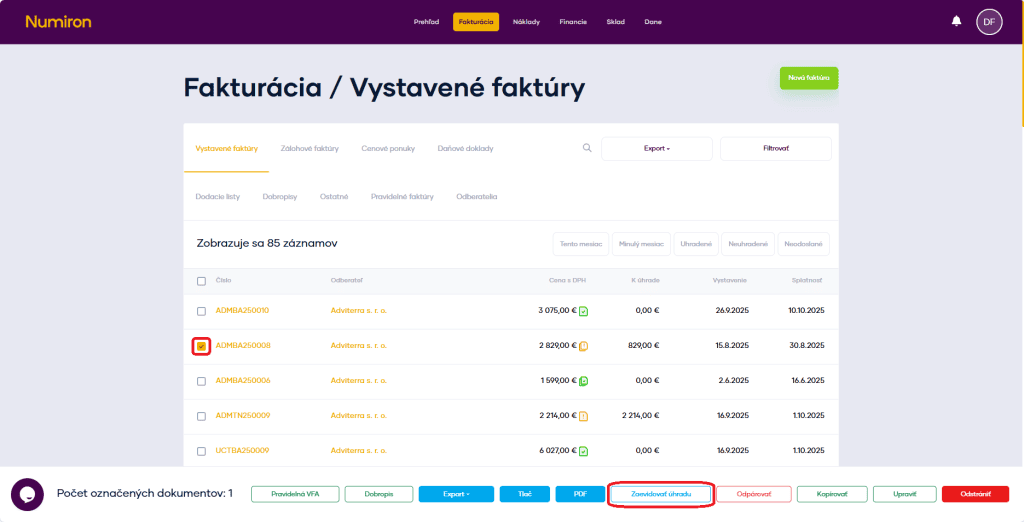 fakturacia evidencia uhrady