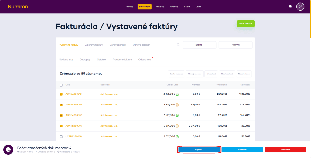 fakturacia export oznacenych