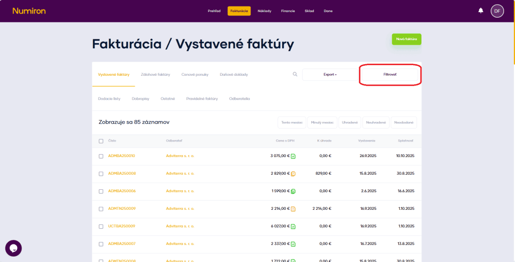 fakturacia filter