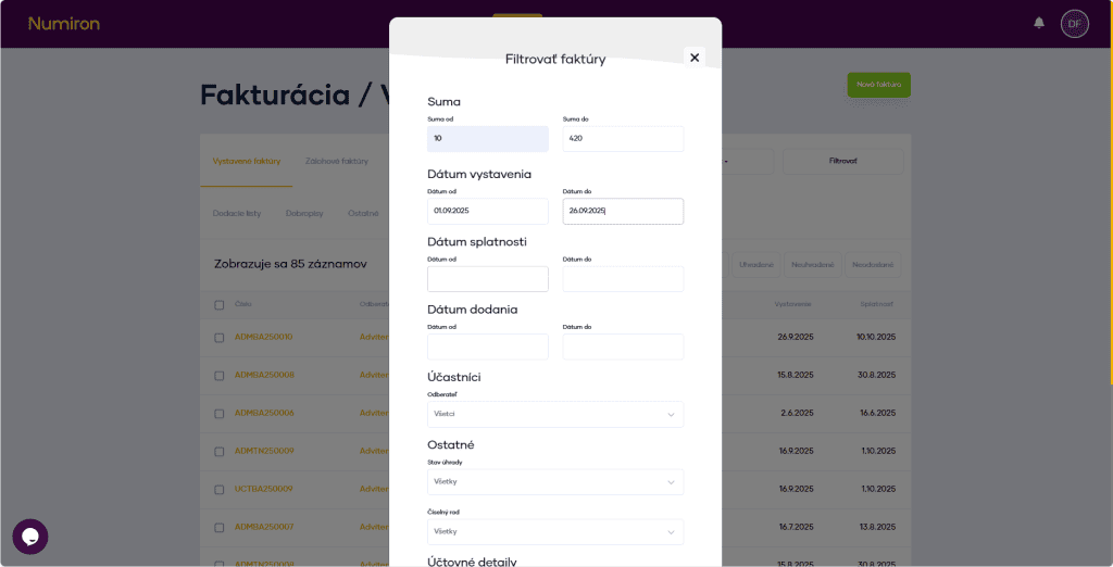 fakturacia filter udaje