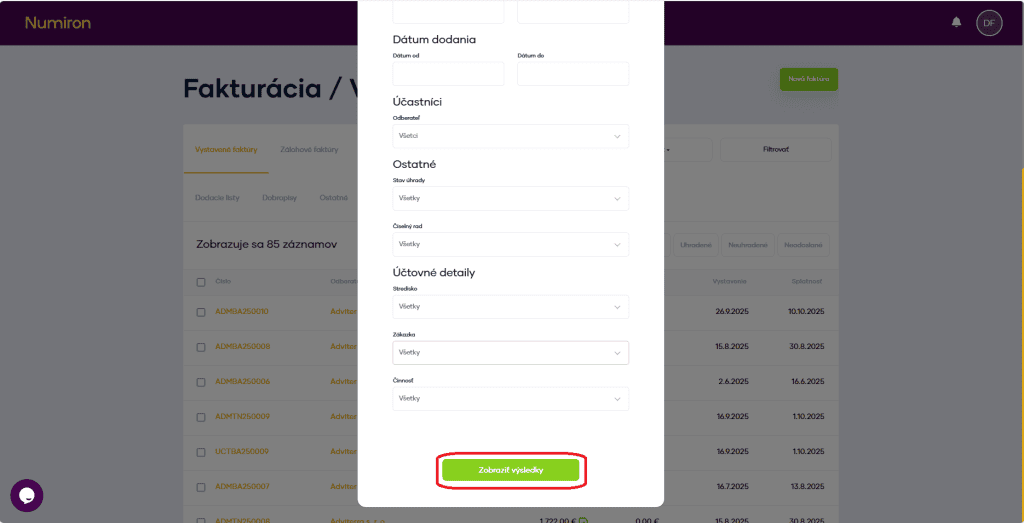 fakturacia filter vysledky