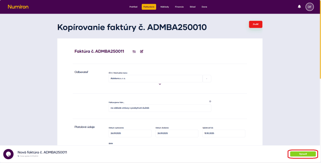 fakturacia kopirovanie vytvorit