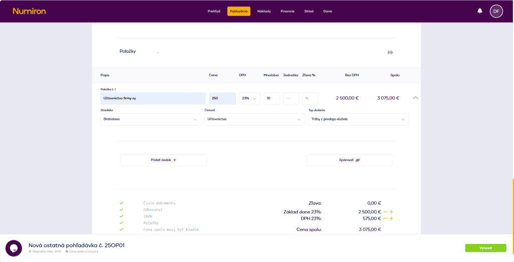 fakturacia ostatne pohladavky polozky