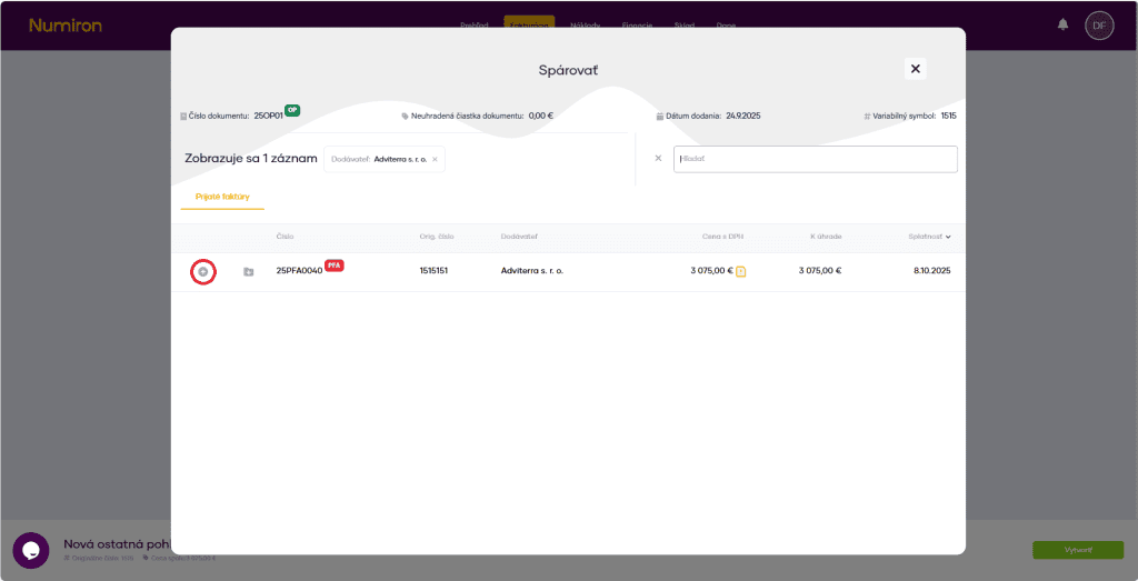 fakturacia ostatne pohladavky sparovat