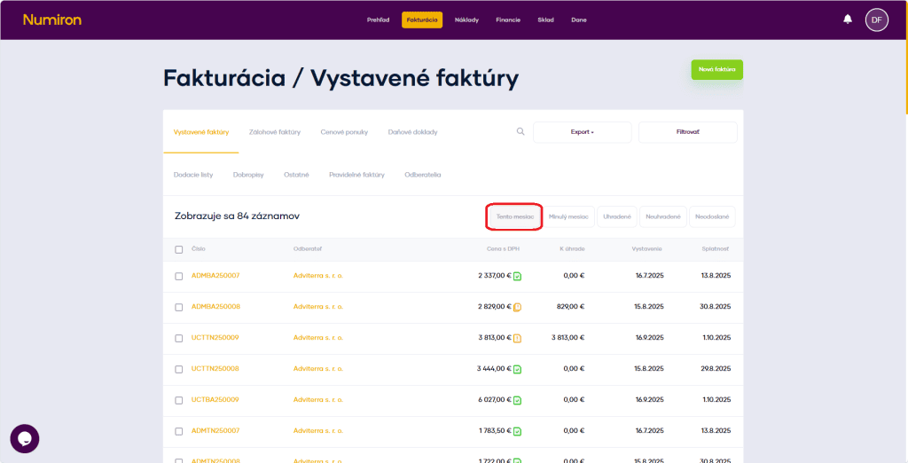 fakturacia quick filter