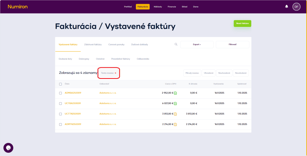 fakturacia quick filter zrusit