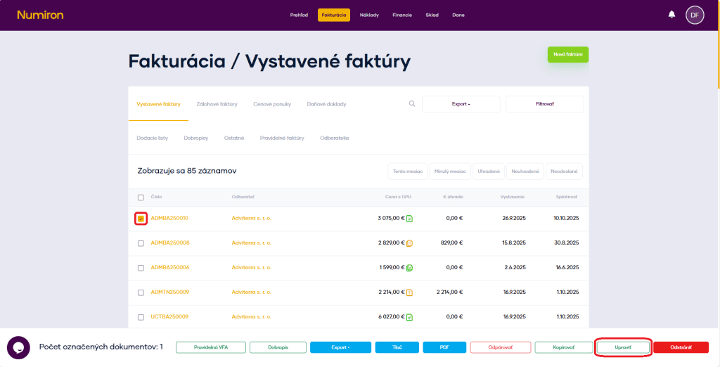 fakturacia uprava dokumentu
