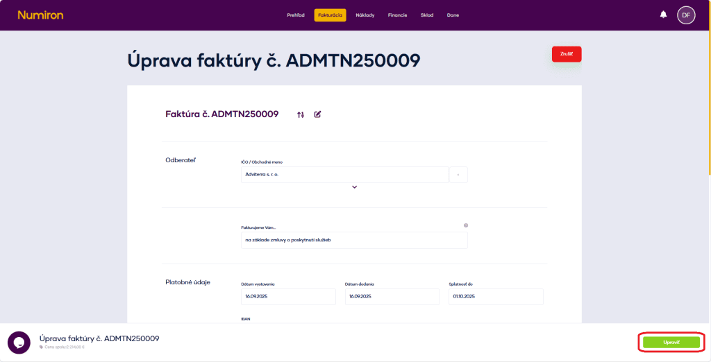 fakturacia uprava dokumentu upravit
