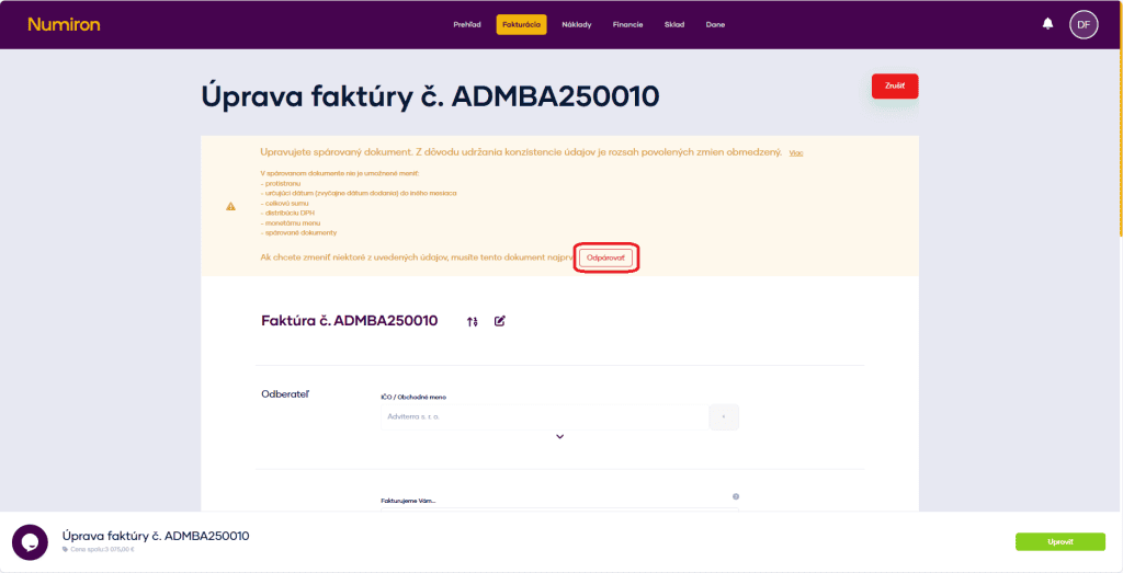 fakturacia uprava dokumentu upravit sparovany