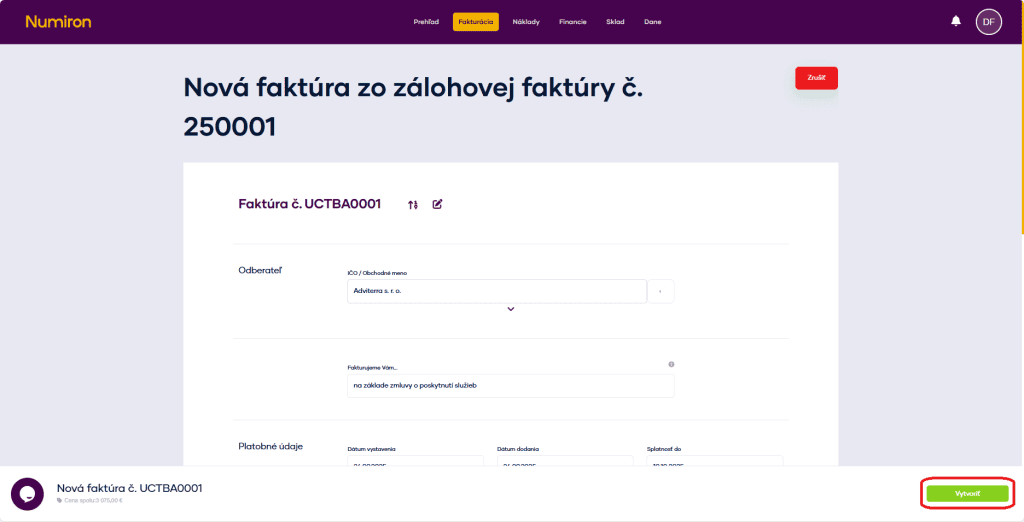 fakturacia zalohove ostra faktura