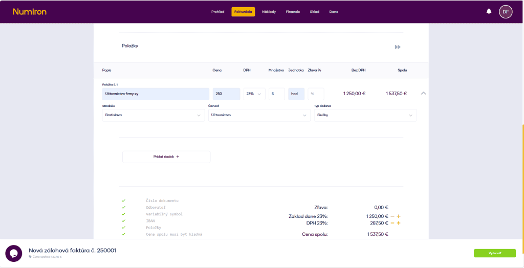 fakturacia zalohove polozky