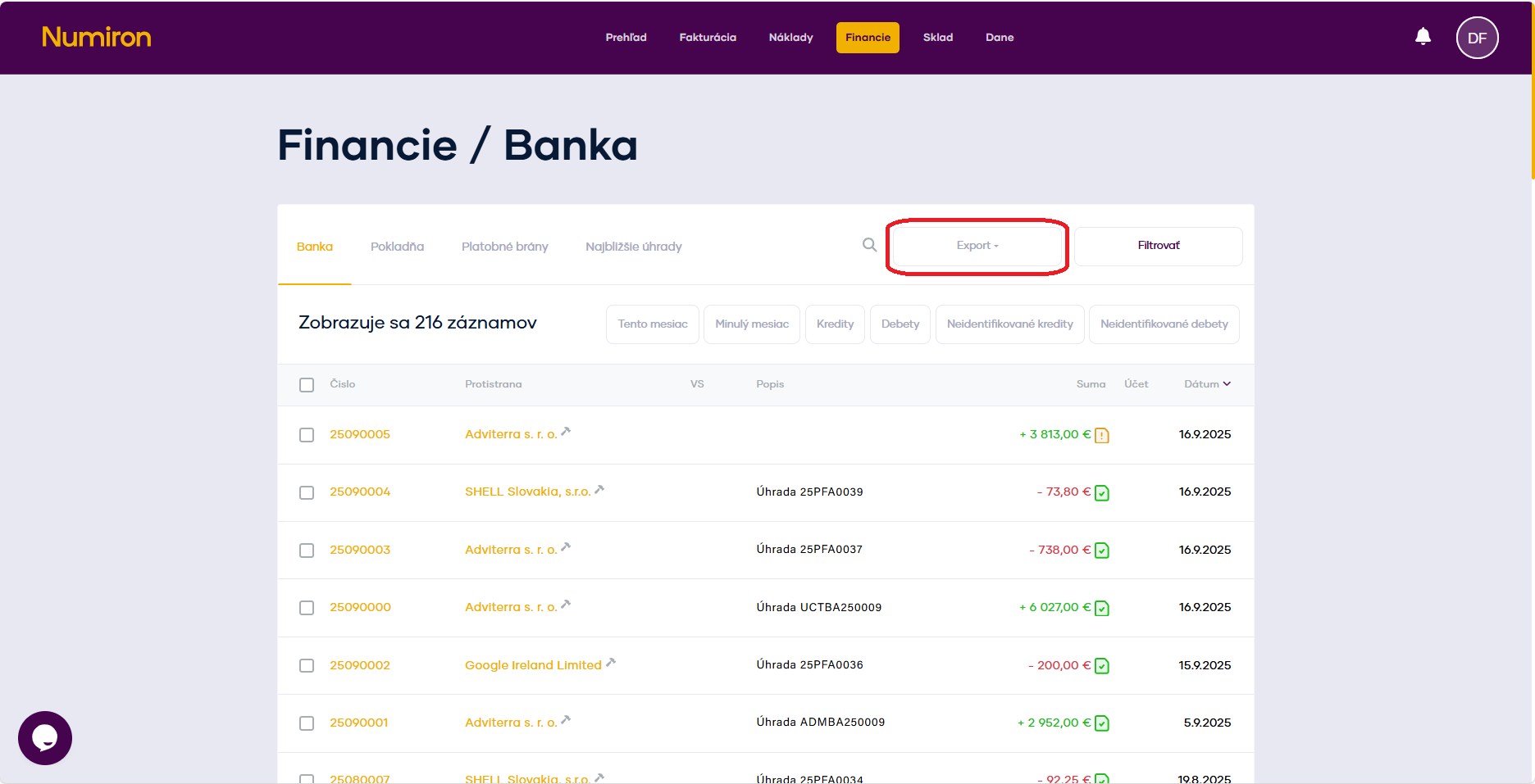 financie banka export