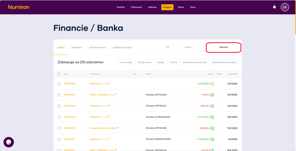 financie banka filter