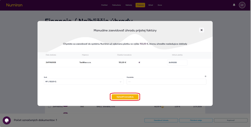 financie najblizsie uhrady zaevidivoat uhradu vytvorit