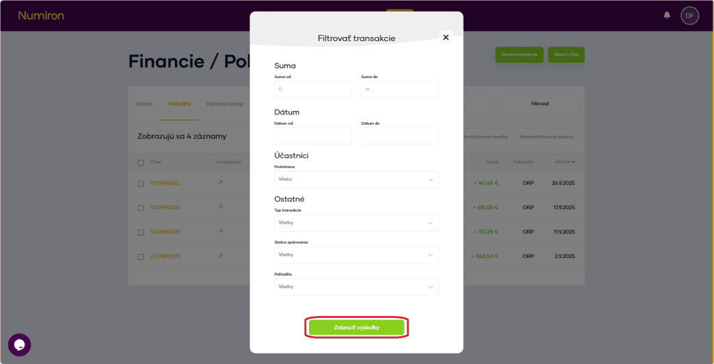 financie pokladna filter zobraziť vysledky
