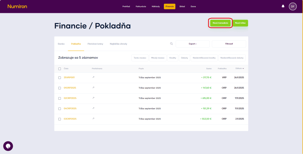 financie pokladna nova transakcia