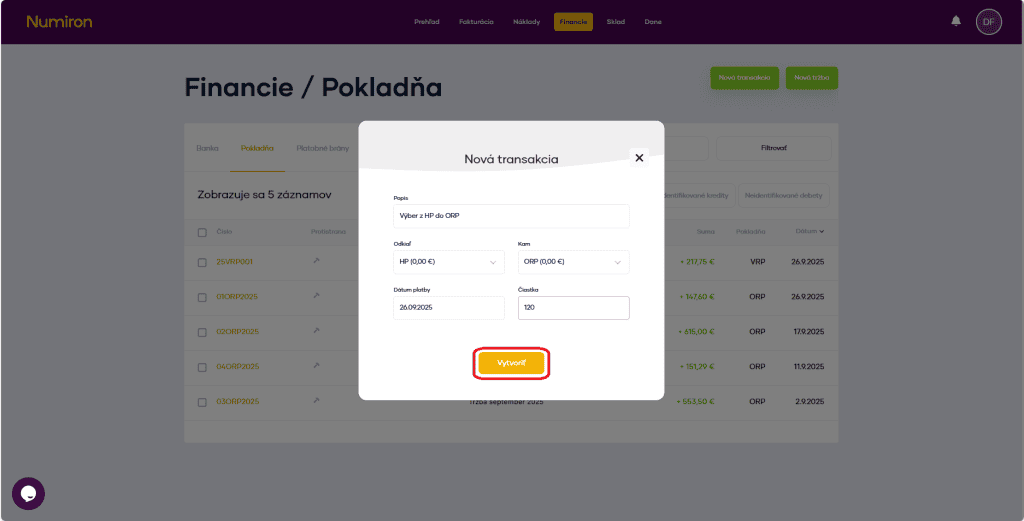 financie pokladna nova transakcia vytvorit