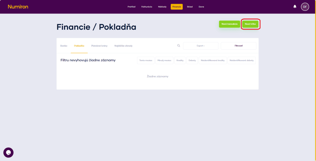 financie pokladna nova trzba