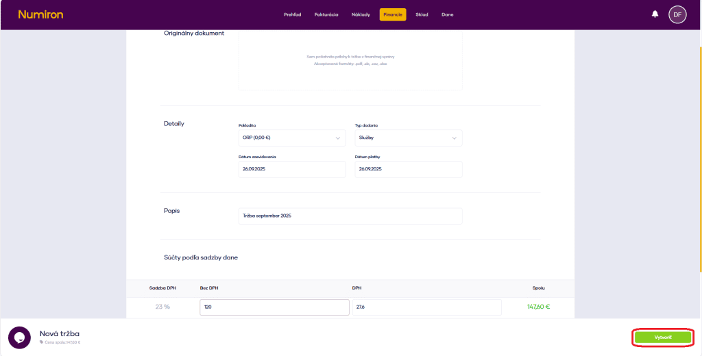 financie pokladna nova trzba vytvorit