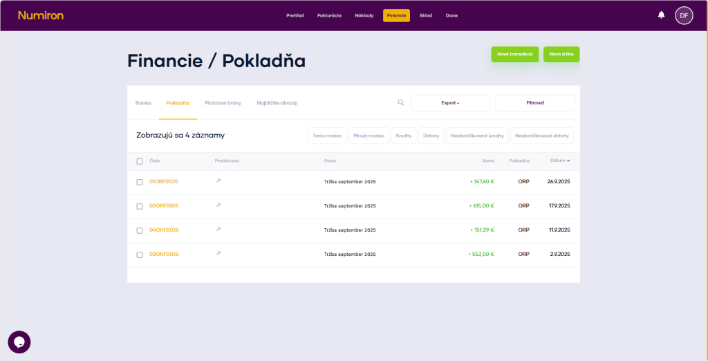 financie pokladna prehlad