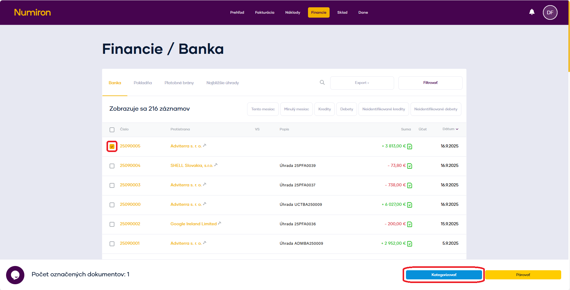 financie transakcia kategorizovat
