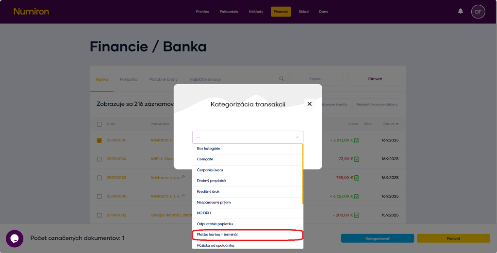 financie transakcia kategorizovat vytvorit