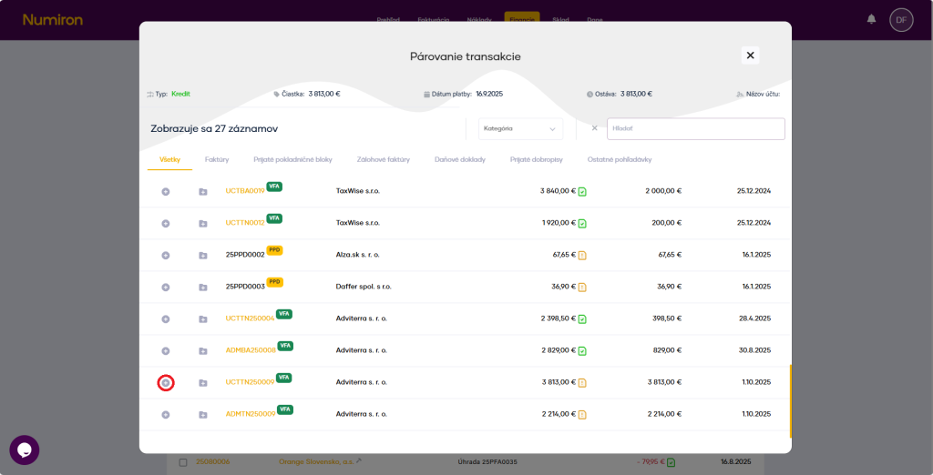 financie transakcia parovanie