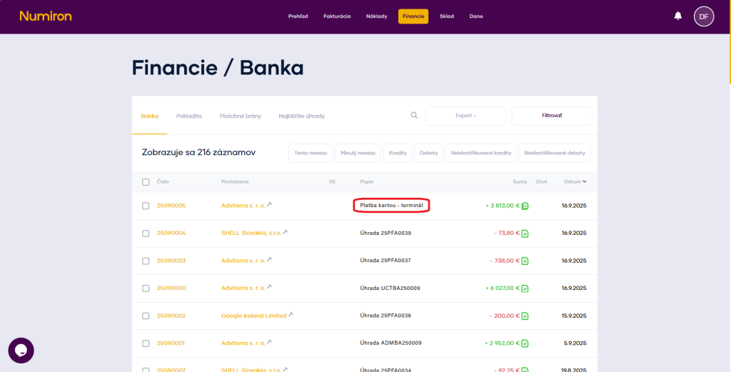 financie transakcia popis