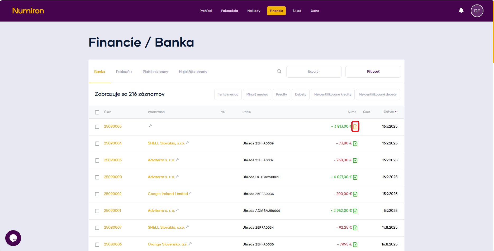 financie zoznam nesparované