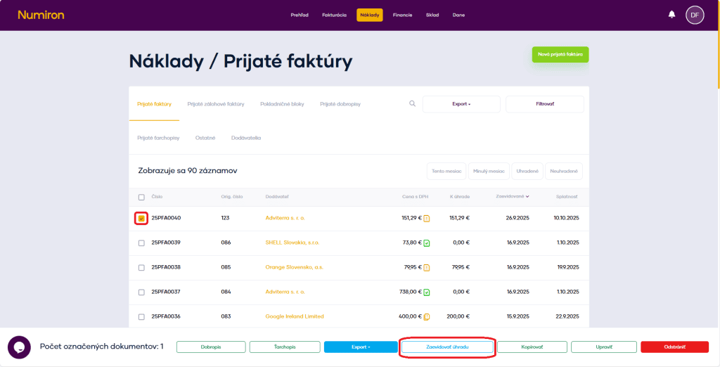 naklady evidencia uhrady