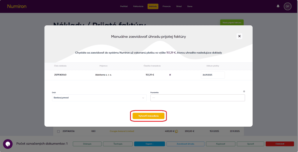 naklady evidencia uhrady vytvorenie