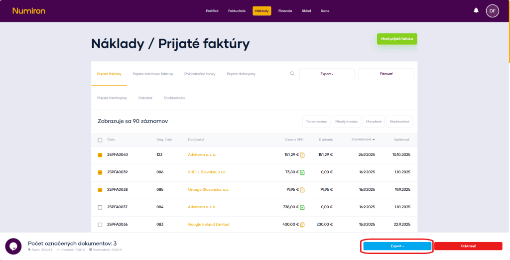 naklady export oznacenych