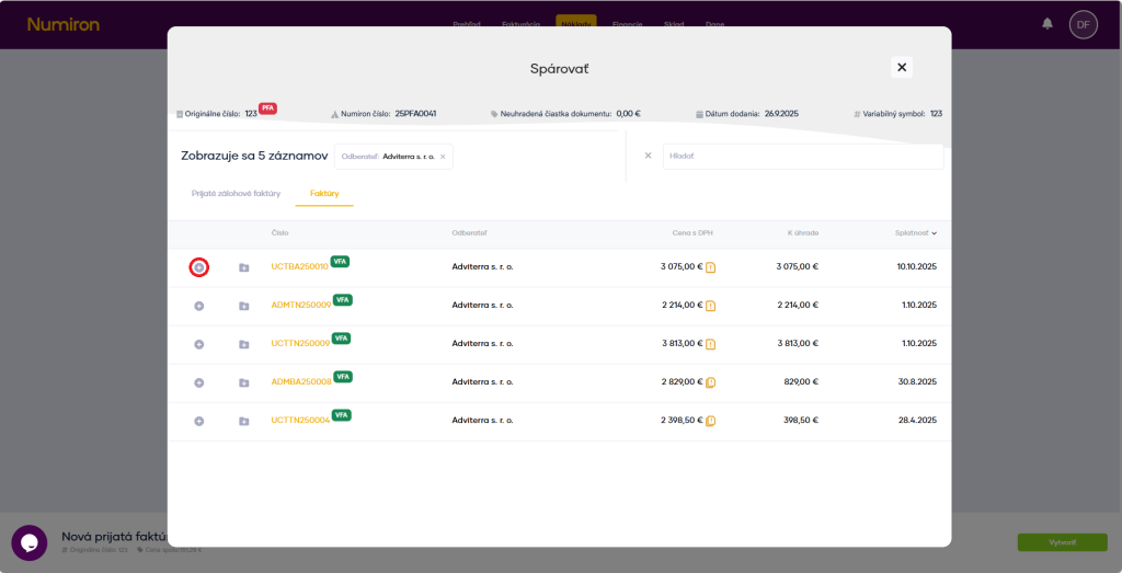 naklady parovanie pri tvorbe +