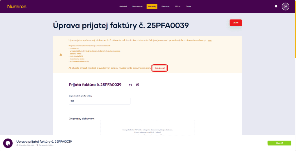 naklady uprava sparovany