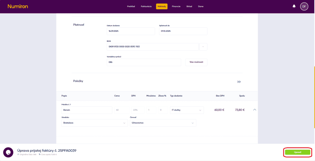 naklady uprava vytvorit