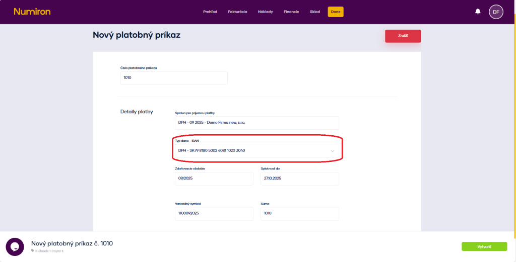 platobny prikaz dani vytvorit