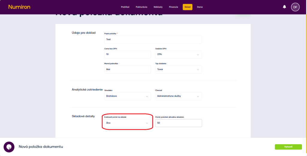sklad polozka evidencia poctu