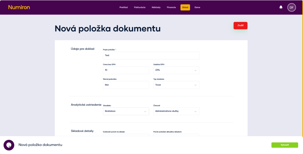 sklad polozka zakladne udaje