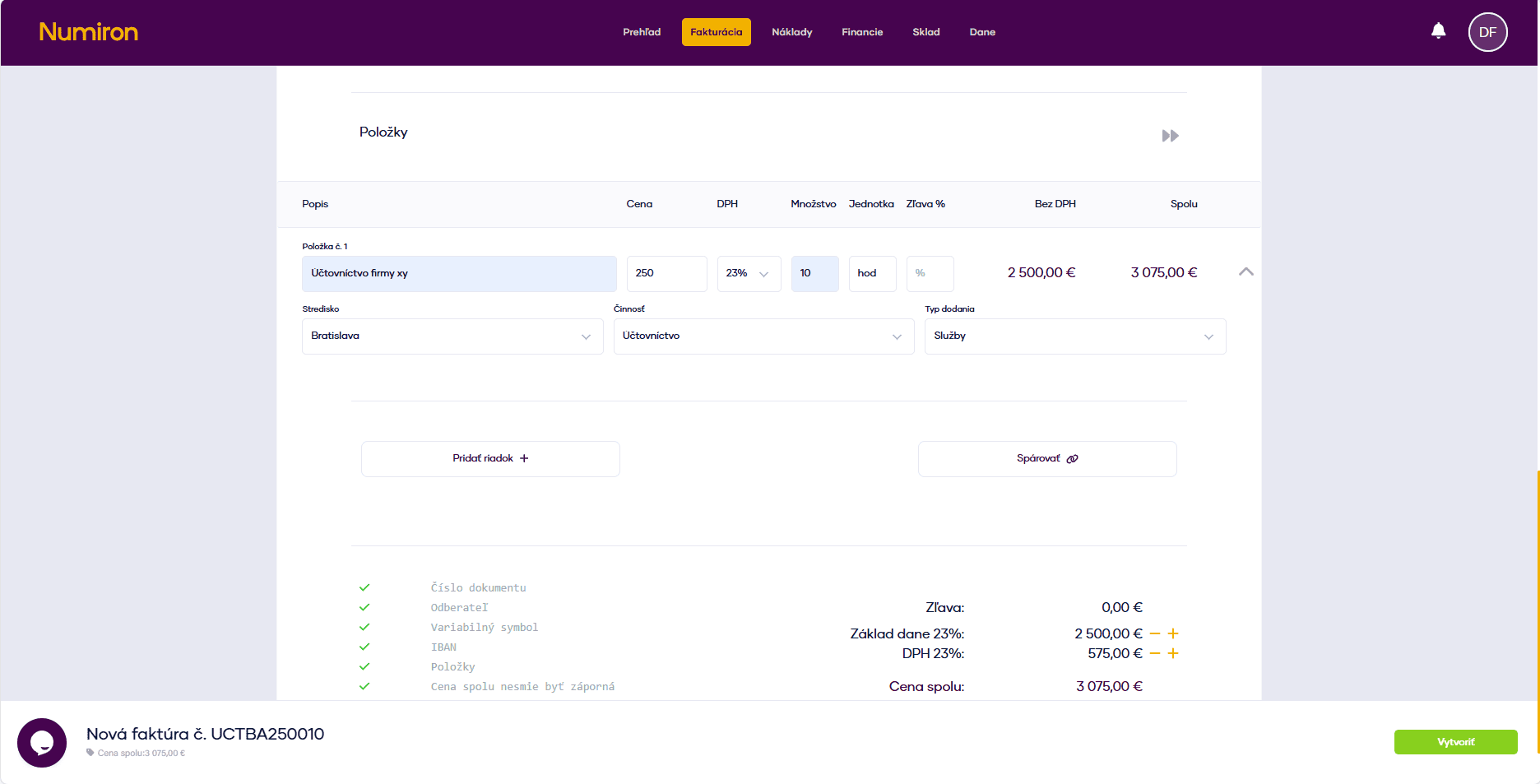 vystavene faktury polozky